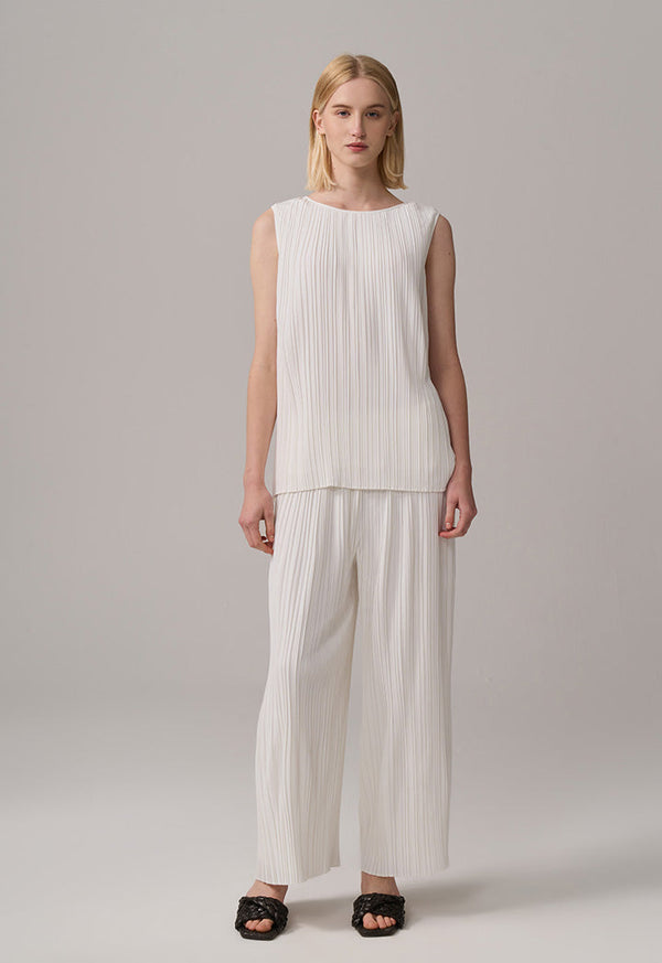 Choice Solid Sleeveless Pleated Top Off White
