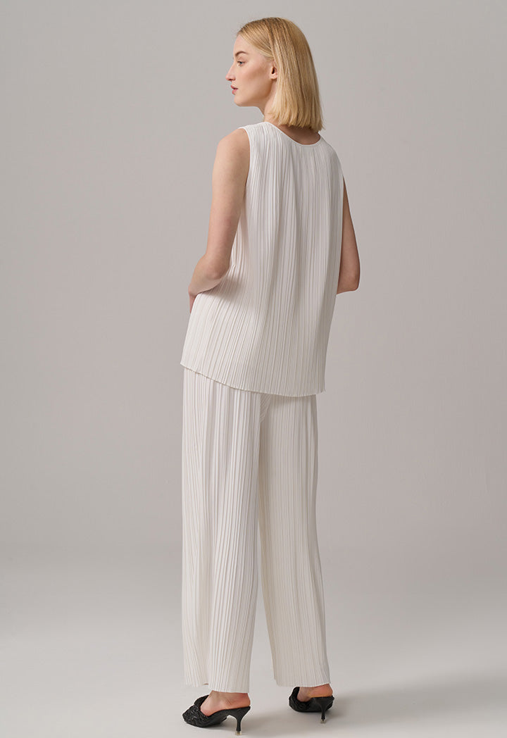 Choice Solid Sleeveless Pleated Top Off White