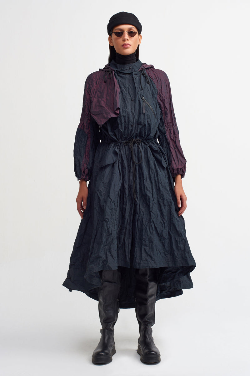 NU Colorblock Hooded Trench Coat  Plum/Black