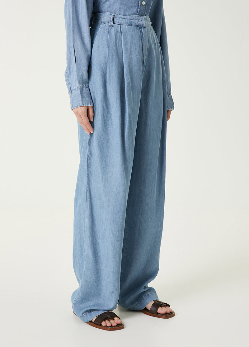 Beymen Club Denim Pleated Detail Wide Trousers Light Blue