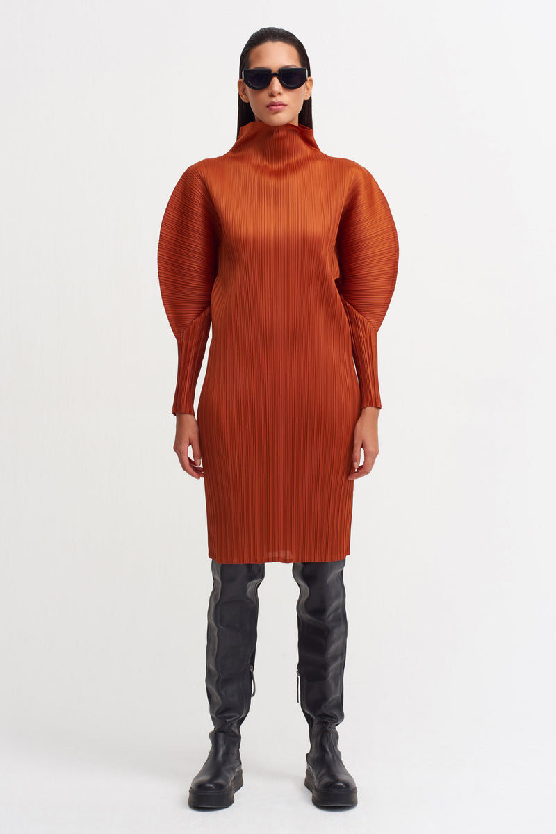 NU Detailed Sleeve Pleated Dress Terra Cotta