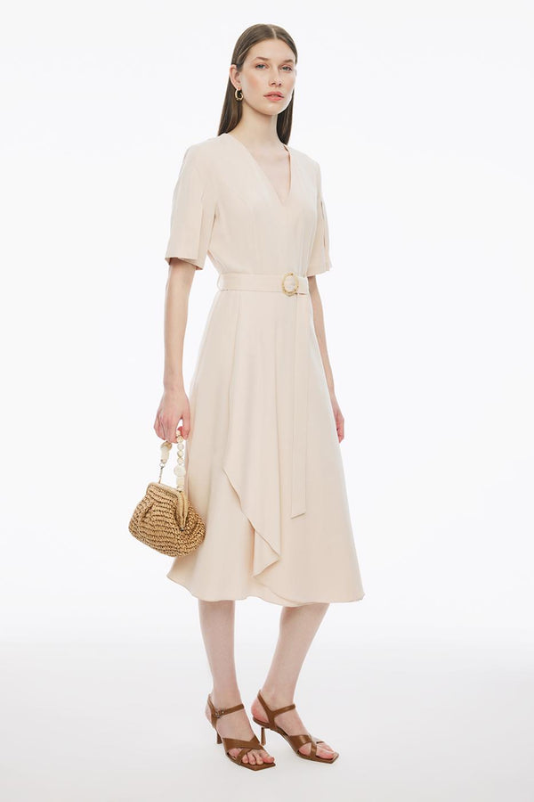 Perspective V-Neck Midi Frill Dress Beige