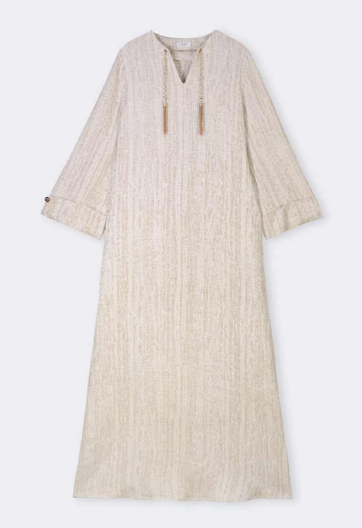 Choice Textured Contrast Dress With Detachable Chain Beige