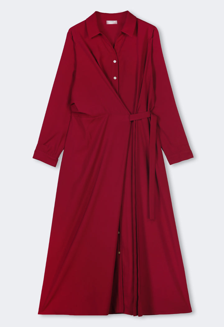 Choice Drawstring Waist Maxi Shirt Dress Burgundy