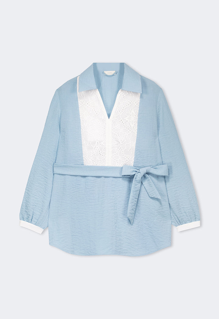 Choice Crinkled Lace Embellished V-Neck Blouse Blue