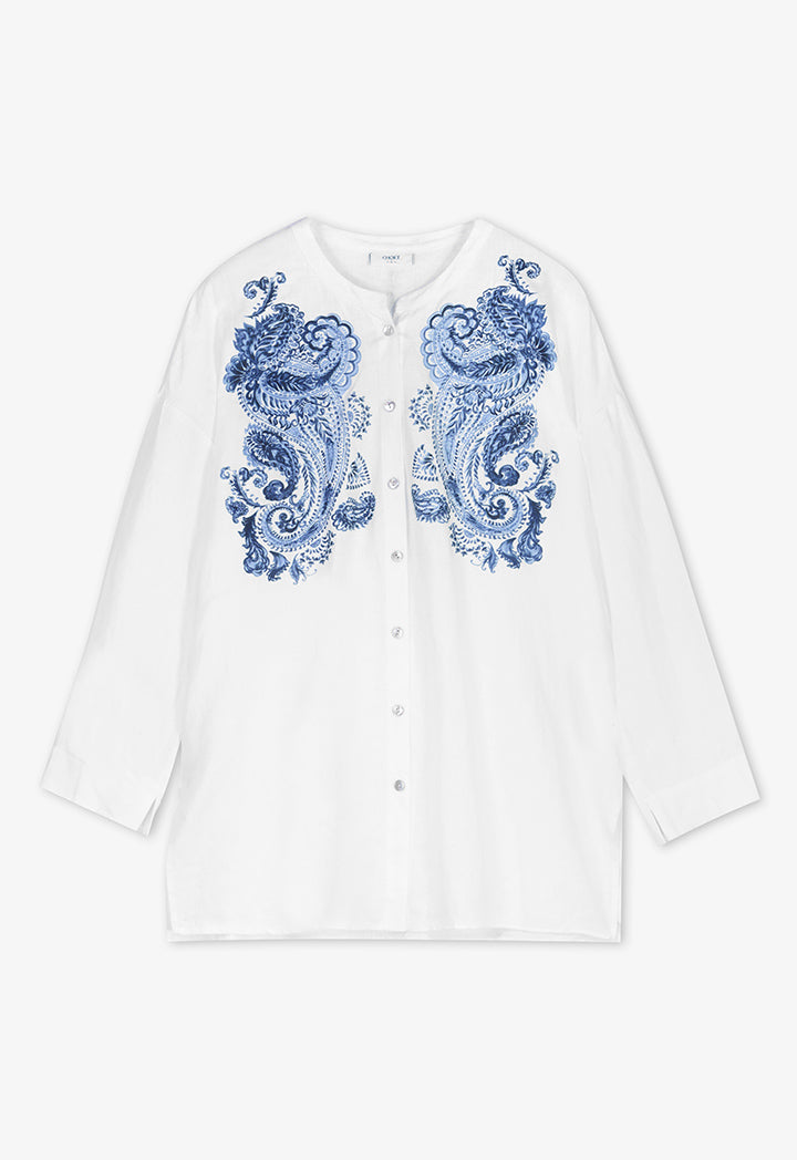 Choice Long Sleeve Printed Linen Shirt Off White