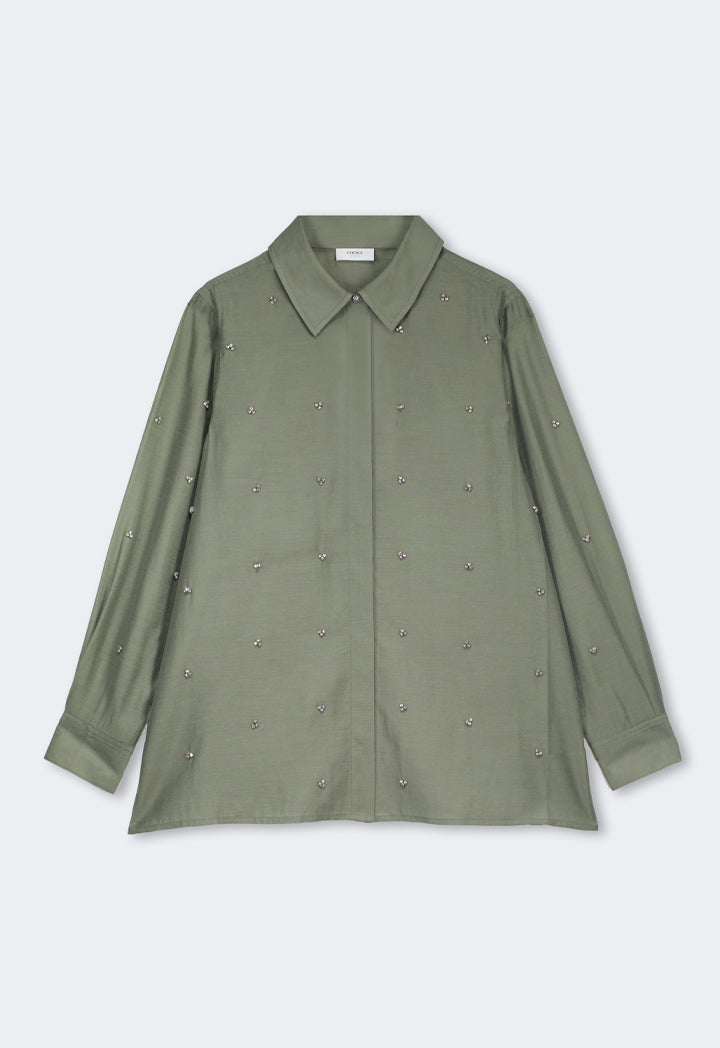 Choice Solid Crystal Embellished Shirt Olive