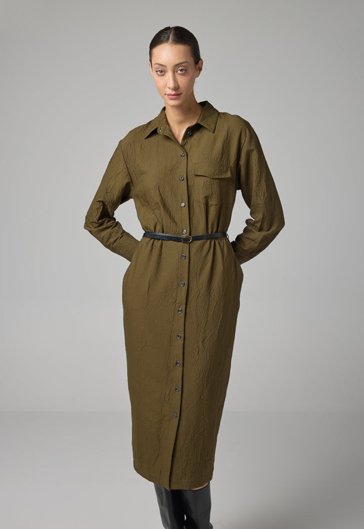 Choice Crinkled Basic Shirt Dress Khaki