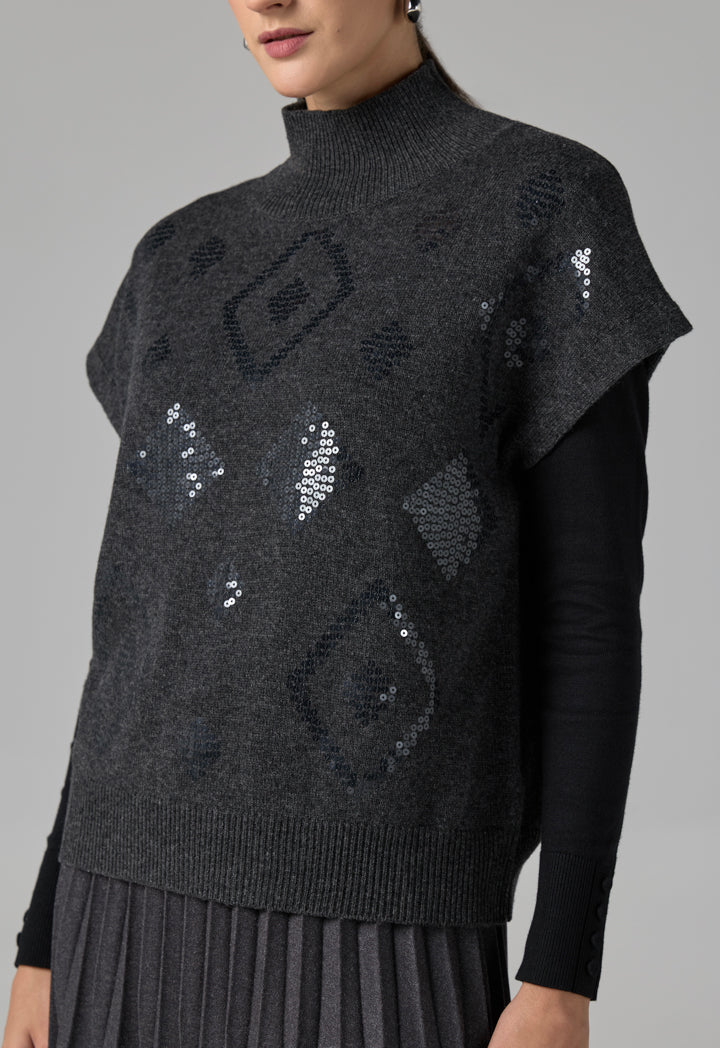Choice Solid Sleeveless Sequins Knitted Top Grey