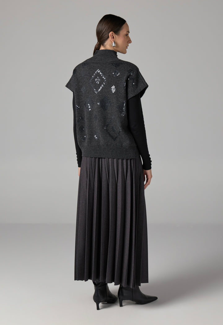 Choice Solid Sleeveless Sequins Knitted Top Grey