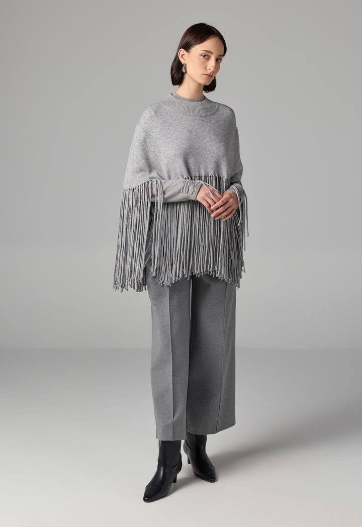 Choice Crew Neck Tassels Poncho Grey