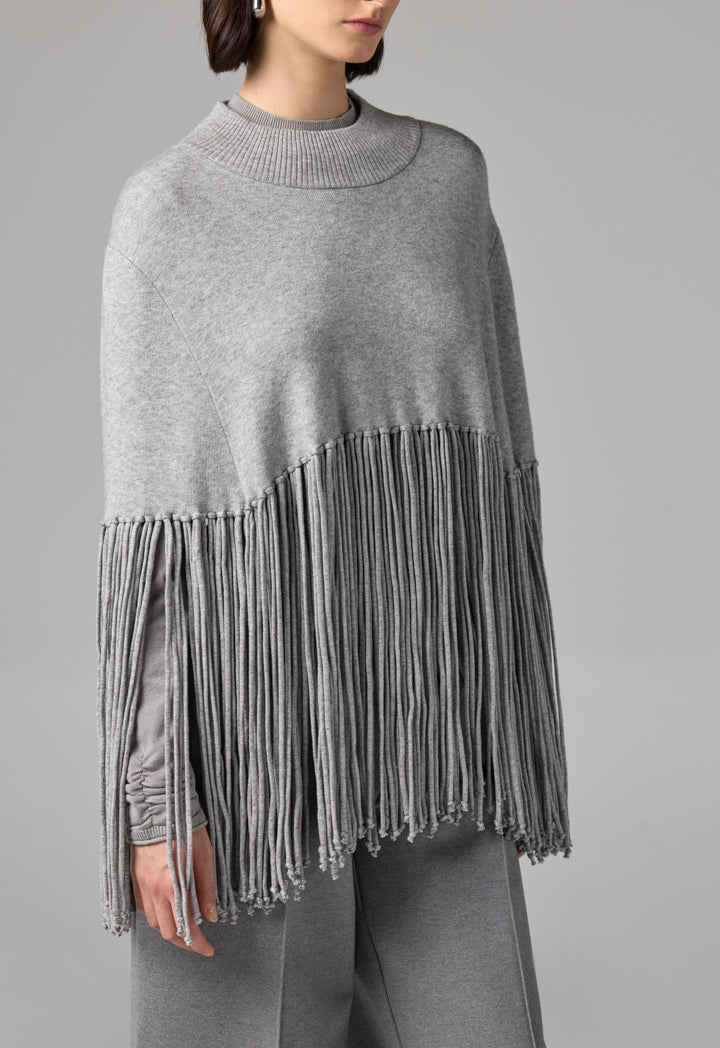 Choice Crew Neck Tassels Poncho Grey