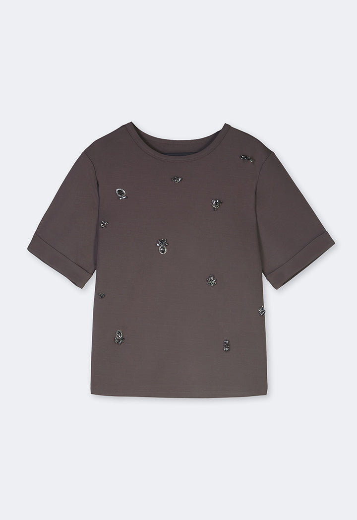 Choice Crystal Embellished Solid T-Shirt Anthracite