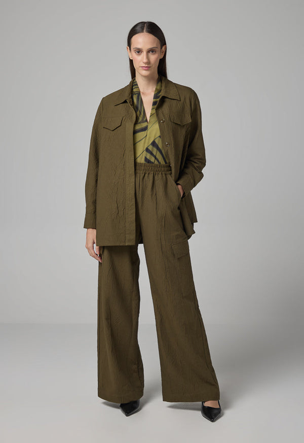 Choice Wide Leg Elasticated Waist Crinkled Trousers Khaki