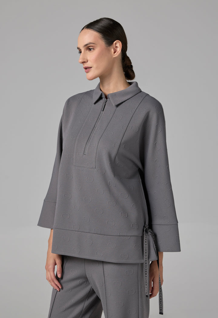 Choice Long Sleeve Monogram Blouse Grey