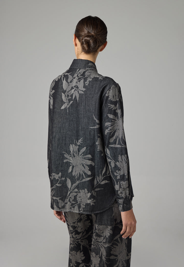 Choice Floral Print Denim Shirt Dark Grey