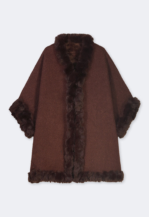 Choice Faux Fur Hems Poncho Brown