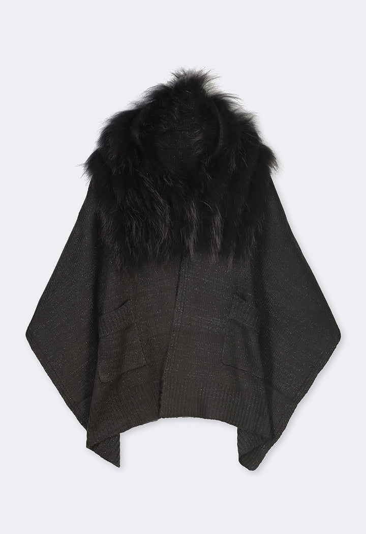 Choice Knitted Faux Fur Poncho Black