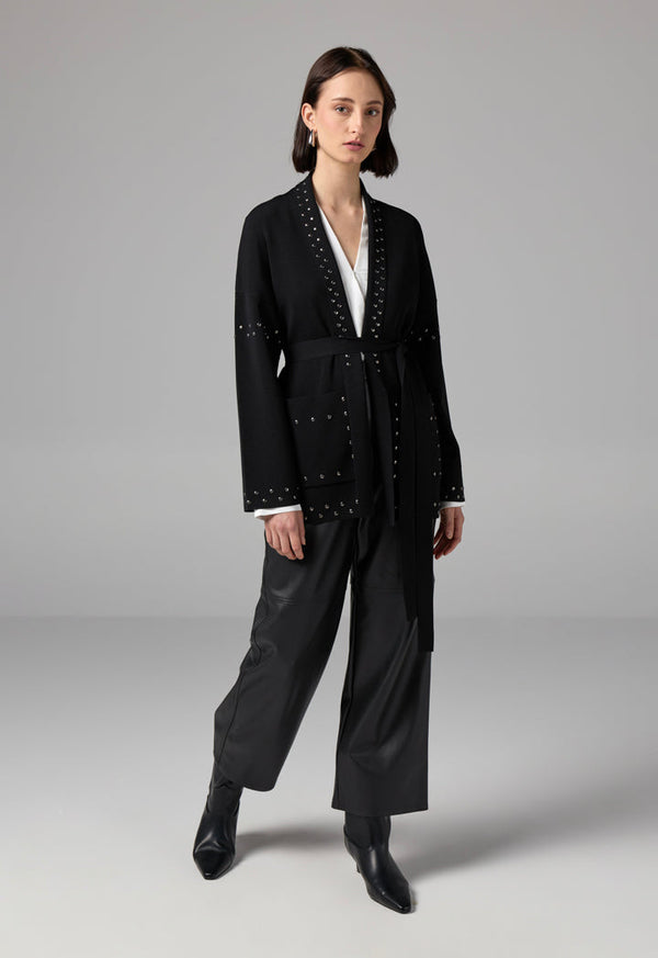 Choice Stud Detail Knitted Belted Cardigan Black