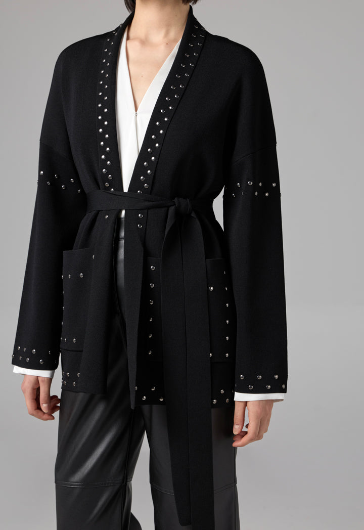 Choice Stud Detail Knitted Belted Cardigan Black