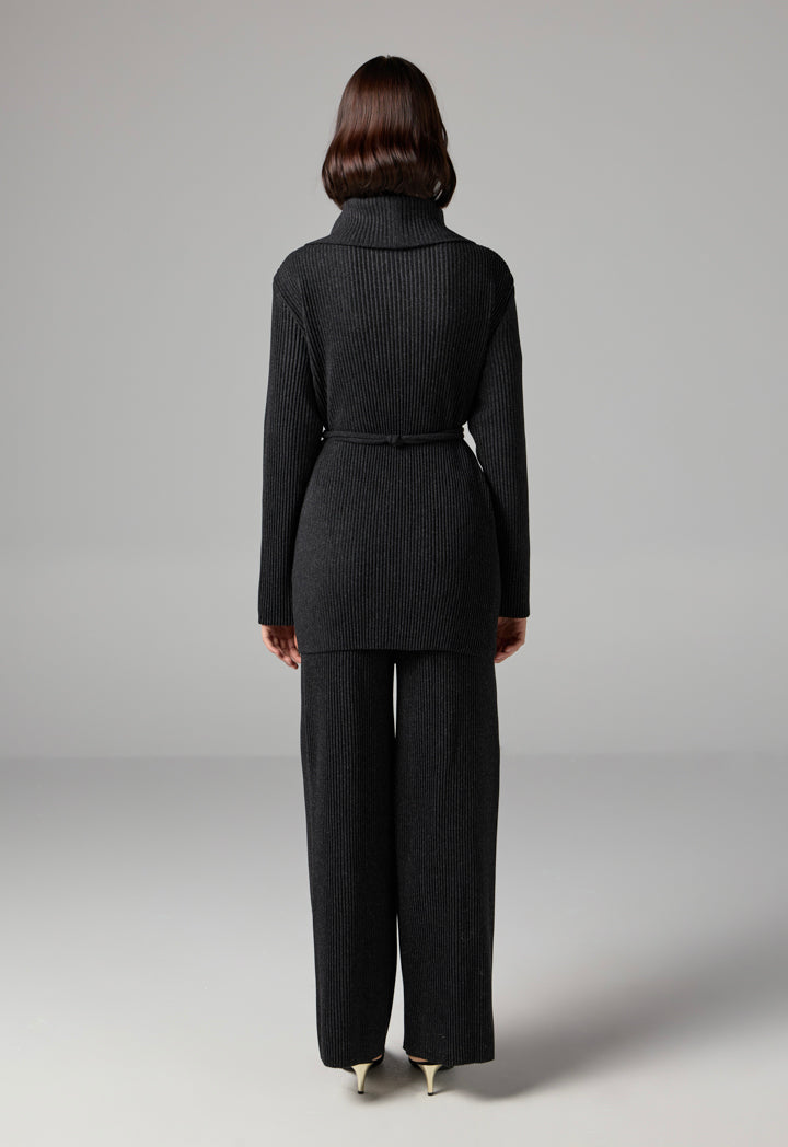 Choice Knitted Ribbed Belted Cardigan Black