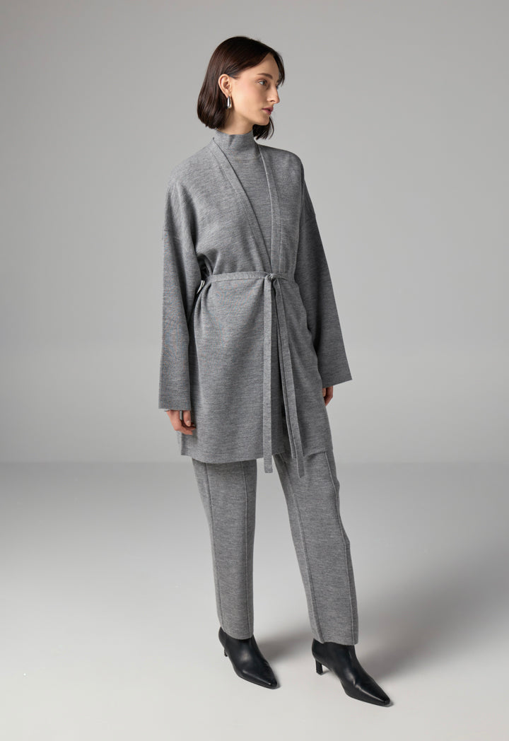 Choice Long Sleeves Knitted Belted Cardigan Grey