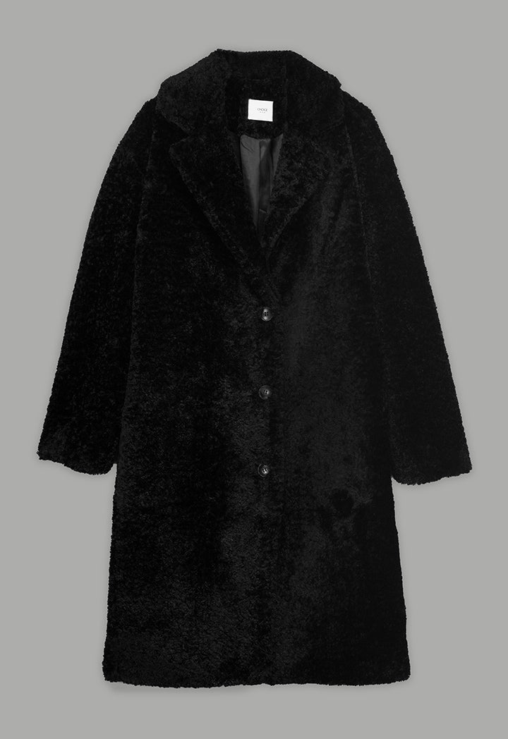 Choice Long Sleeve Solid Midi Teddy Coat Black