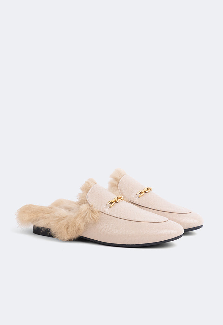 Choice Faux Fur Embellished Sole Mules Beige