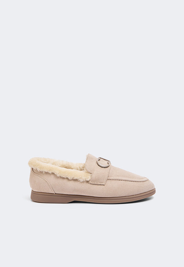 Choice Shearling Detailed Suede Loafers Beige