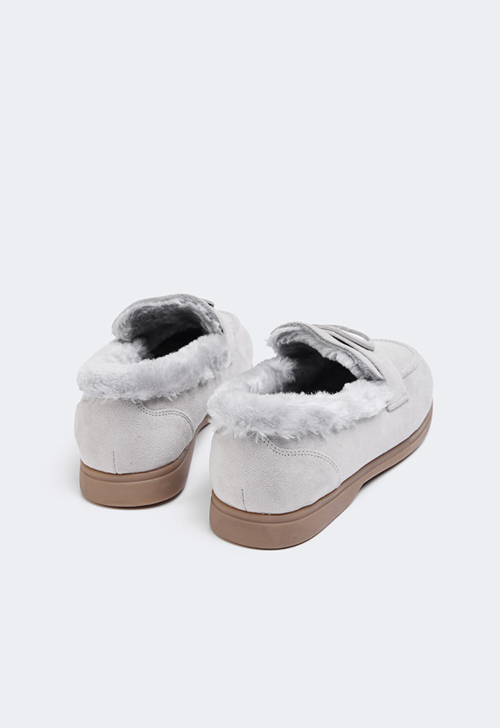 Choice Shearling Detailed Suede Loafers Grey