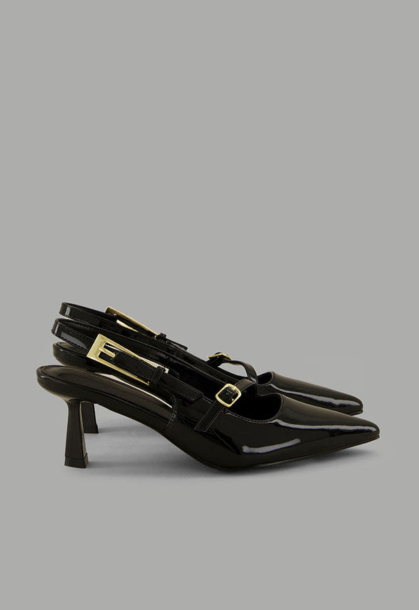 Choice Glossy Strap Sling Back Heels Black