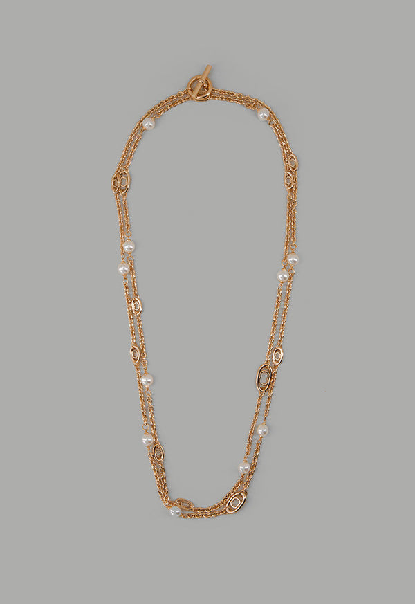 Choice Long Faux Pearls Metallic Necklace Gold