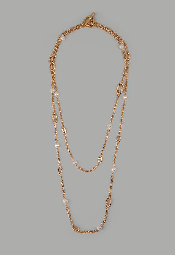 Choice Long Faux Pearls Metallic Necklace Gold