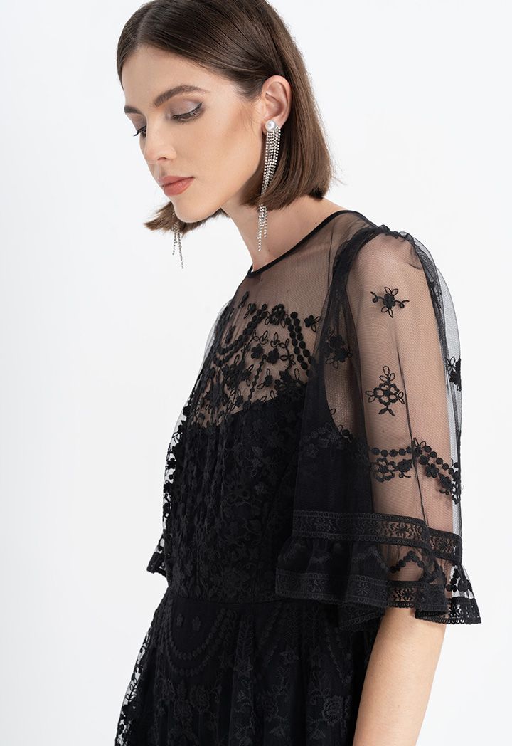 Choice All Over Embroidered Floral Midi Dress Black