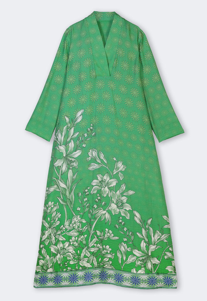 Choice V-Neck Printed Flared Dress Green