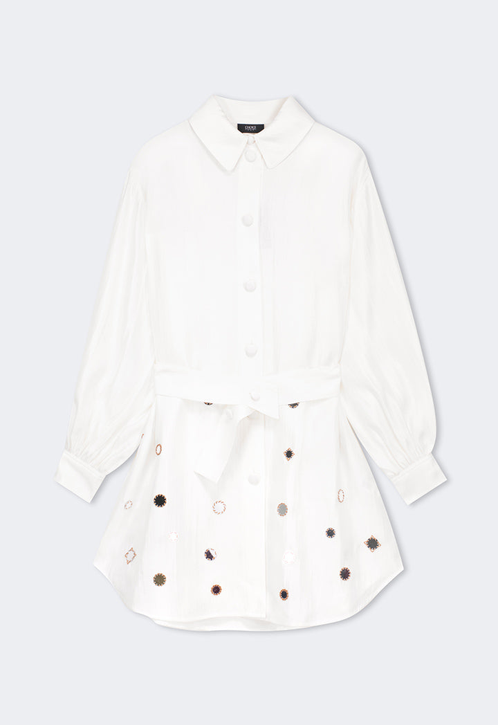 Choice Mirror Embroidered Belted Shirt Off White