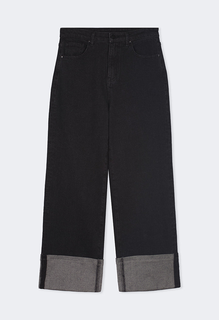 Choice Folded Hem Wide Leg Denim Trousers Black