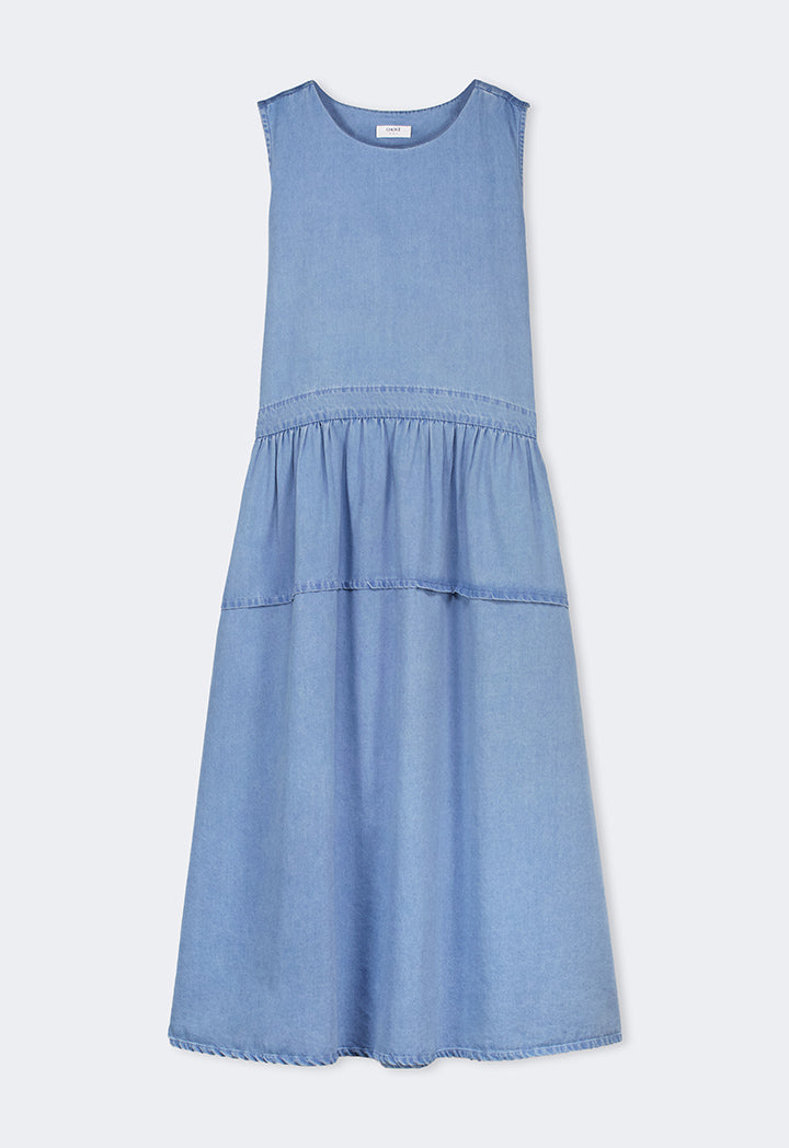 Choice Solid Sleeveless Flared Denim Dress Light Blue