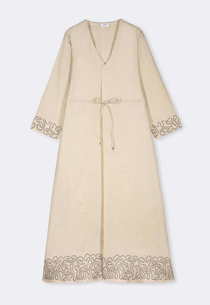 Choice Solid V-Neck Linen Dress Beige