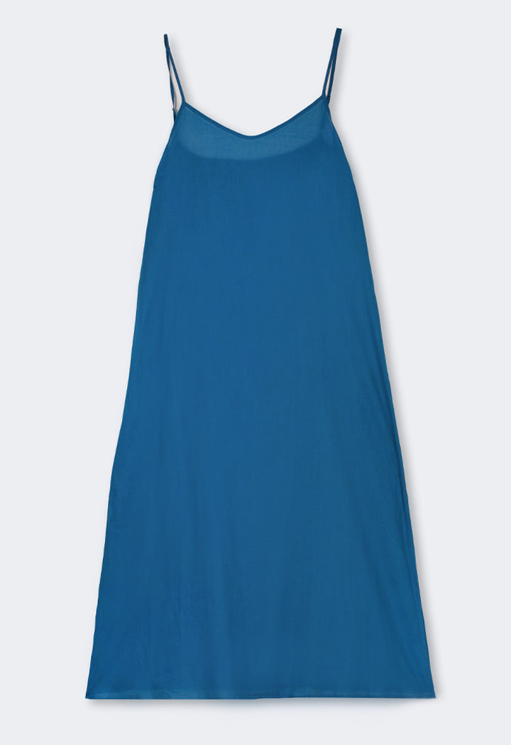 Choice Solid V-Neck Linen Dress Blue