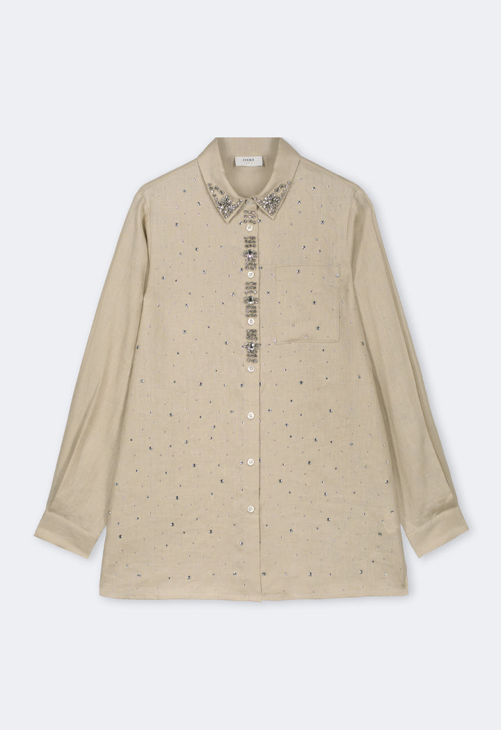 Choice Solid Crystal Embellished Shirt Sand