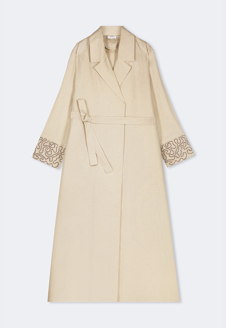 Choice Embroidered Contrast Maxi Belted Abaya Beige