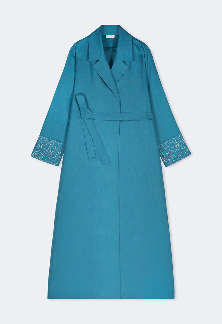 Choice Embroidered Contrast Maxi Belted Abaya Blue