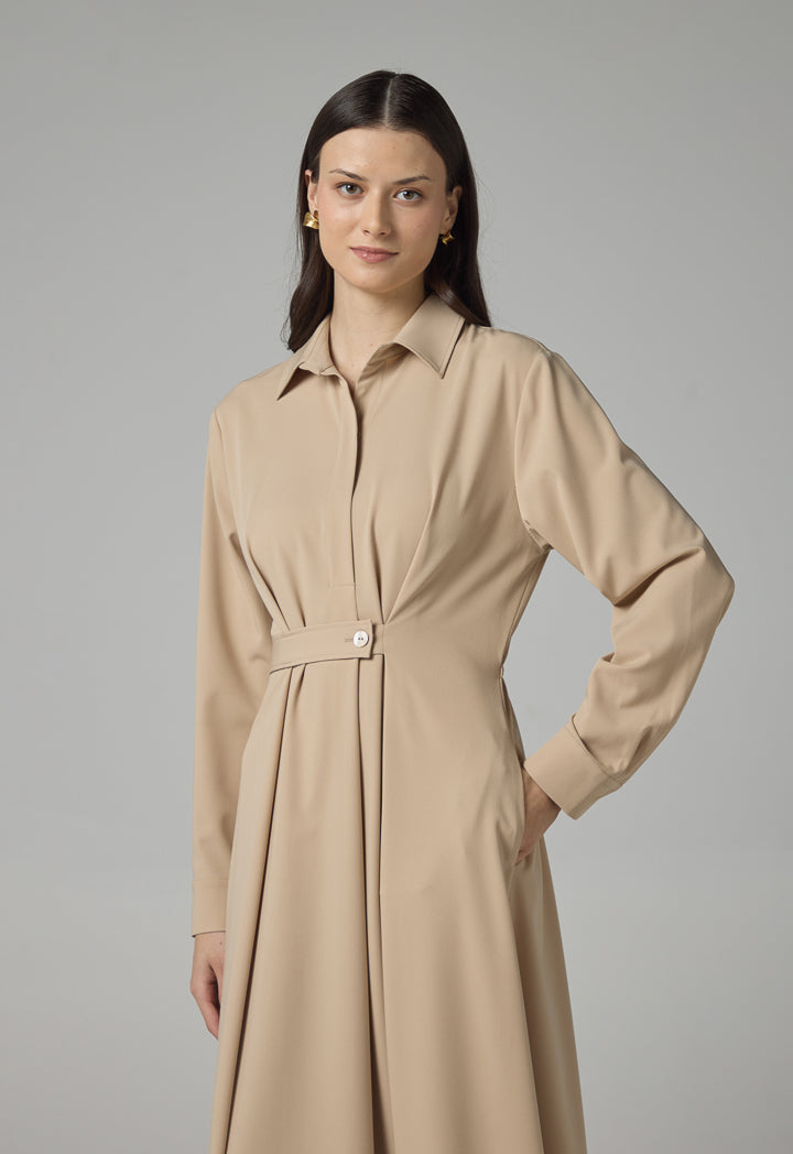 Choice Solid Long Sleeves Maxi Dress Beige