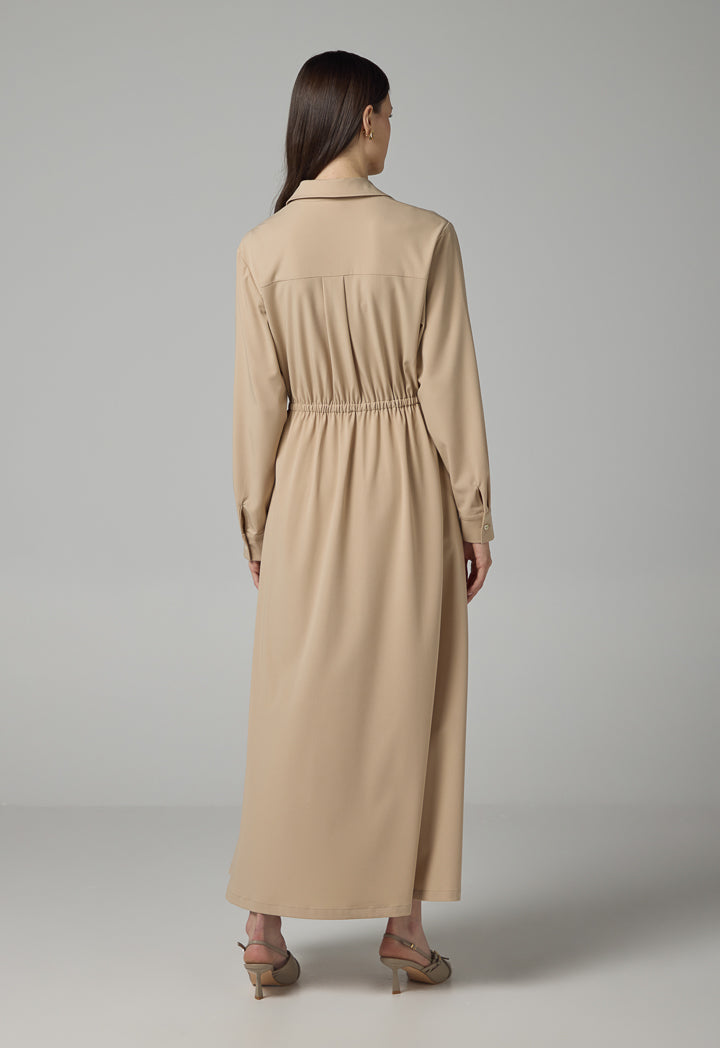Choice Solid Long Sleeves Maxi Dress Beige