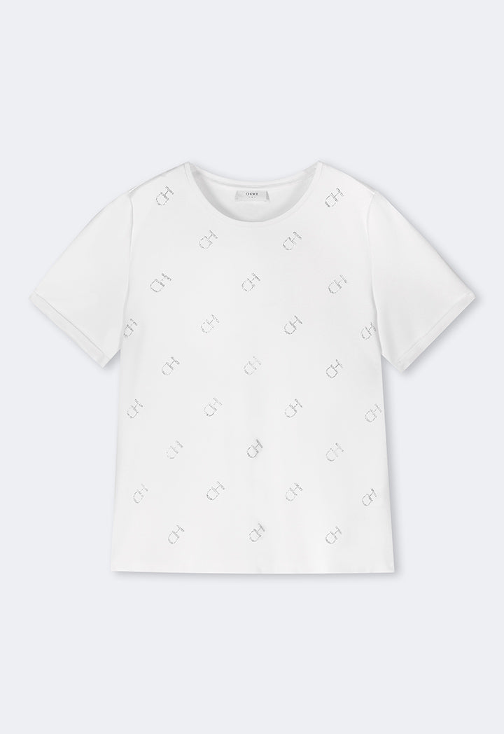 Choice Monogram Crystal Embellished Solid T-Shirt Off White