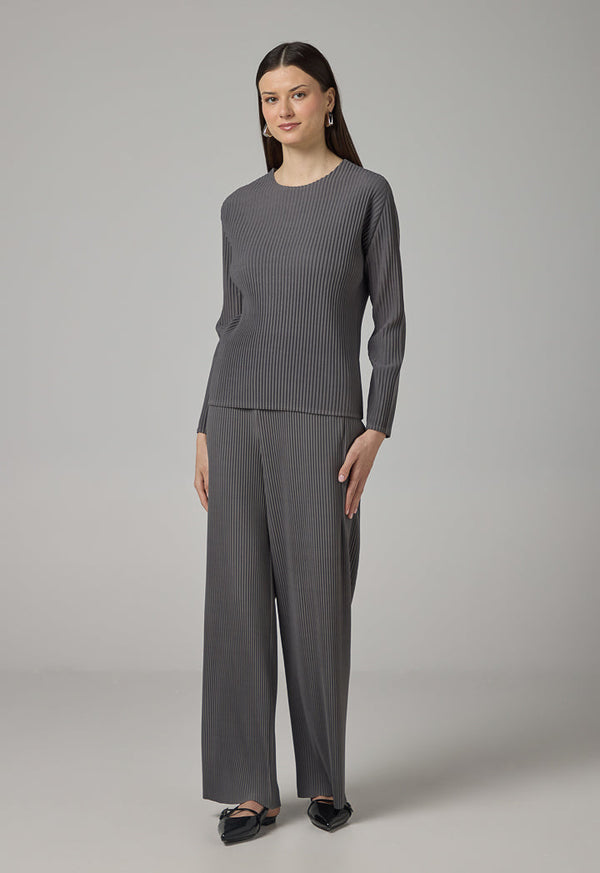 Choice Long Sleeve Pleated Blouse Grey