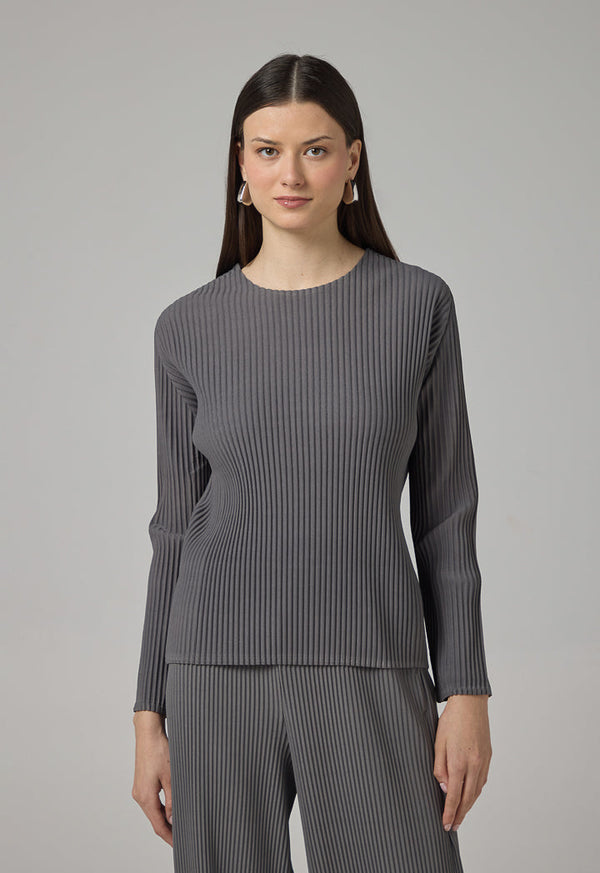 Choice Long Sleeve Pleated Blouse Grey