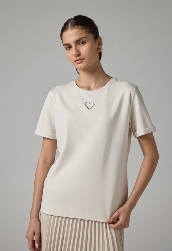 Choice Crystal Embellished Solid T-Shirt Beige
