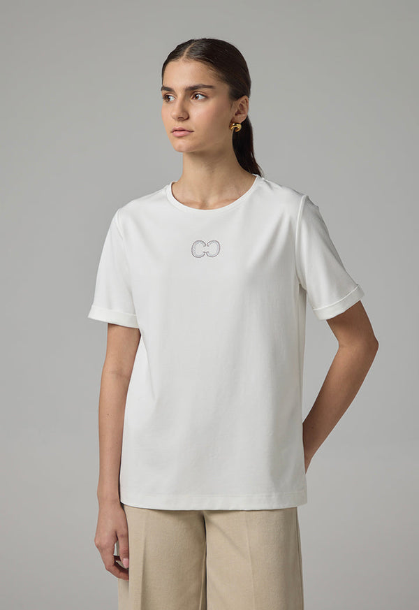 Choice Crystal Embellished Monogram T-Shirt Off White